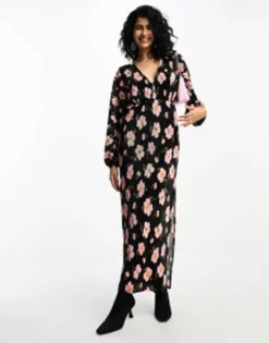 ASOS DESIGN Long Sleeve Batwing Midi Dress With Tie Back In Black Base Rose