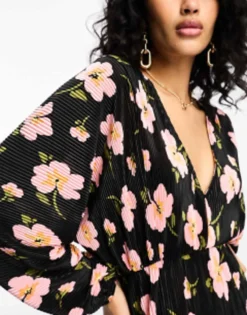 ASOS DESIGN Long Sleeve Batwing Midi Dress With Tie Back In Black Base Rose -RIVER ISLAND || PULL & BEAR || ONLY Sales Store 205333897 3