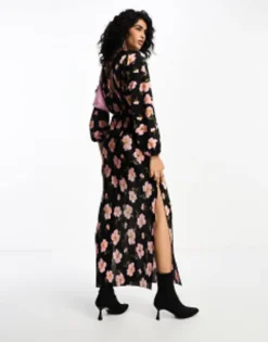 ASOS DESIGN Long Sleeve Batwing Midi Dress With Tie Back In Black Base Rose -RIVER ISLAND || PULL & BEAR || ONLY Sales Store 205333897 4