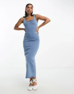 PULL & BEAR Pull&Bear Stretch Denim Maxi Dress With Split Detail In Medium Blue