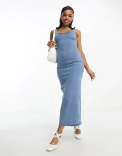 PULL & BEAR Pull&Bear Stretch Denim Maxi Dress With Split Detail In Medium Blue -RIVER ISLAND || PULL & BEAR || ONLY Sales Store 205341303 4