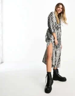 New Look Satin Wrap Midi Dress In Neutral Snake Print