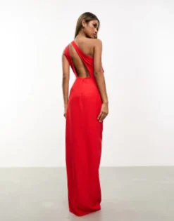Vesper One Shoulder Cut Out Detail Front Spilt Maxi Dress In Red -RIVER ISLAND || PULL & BEAR || ONLY Sales Store 205377417 3