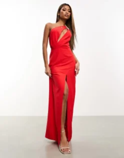 Vesper One Shoulder Cut Out Detail Front Spilt Maxi Dress In Red -RIVER ISLAND || PULL & BEAR || ONLY Sales Store 205377417 4