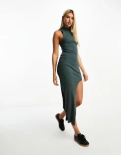 Bershka High Neck Ribbed Maxi Dress In Petrol Blue