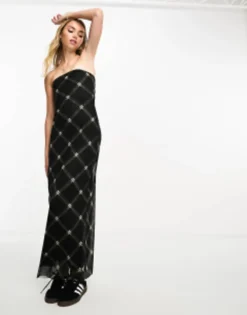 ASOS DESIGN Mesh Bandeau Maxi Dress In Check Print
