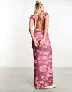 ASOS DESIGN Printed Mesh Slash Neck Maxi Dress In Pink Floral