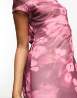 ASOS DESIGN Printed Mesh Slash Neck Maxi Dress In Pink Floral -RIVER ISLAND || PULL & BEAR || ONLY Sales Store 205508256 3