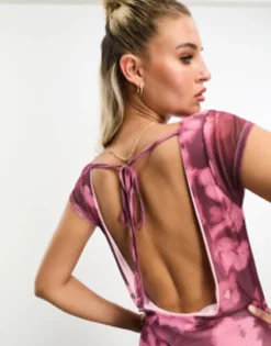 ASOS DESIGN Printed Mesh Slash Neck Maxi Dress In Pink Floral -RIVER ISLAND || PULL & BEAR || ONLY Sales Store 205508256 4