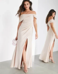ASOS EDITION Satin Bardot Drape Wrap Maxi Dress In Pink -RIVER ISLAND || PULL & BEAR || ONLY Sales Store 20585169 4