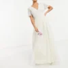 Maya Petite Bridal V Neck Maxi Tulle Dress With Tonal Delicate Sequin In Ecru