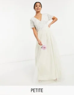 Maya Petite Bridal V Neck Maxi Tulle Dress With Tonal Delicate Sequin In Ecru