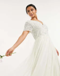 Maya Petite Bridal V Neck Maxi Tulle Dress With Tonal Delicate Sequin In Ecru -RIVER ISLAND || PULL & BEAR || ONLY Sales Store 22157059 4