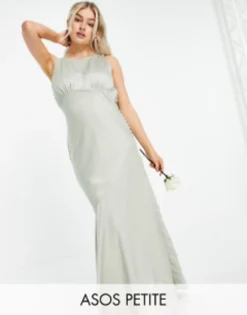 ASOS DESIGN Petite Bridesmaid Cowl Back Satin Maxi Dress With Button Side Detail In Olive
