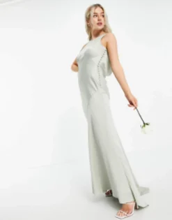 ASOS DESIGN Petite Bridesmaid Cowl Back Satin Maxi Dress With Button Side Detail In Olive -RIVER ISLAND || PULL & BEAR || ONLY Sales Store 22282342 4