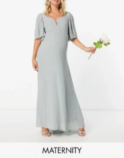 TFNC Maternity Bridesmaid Sweetheart Neck Flutter Sleeve Maxi Dress In Sage