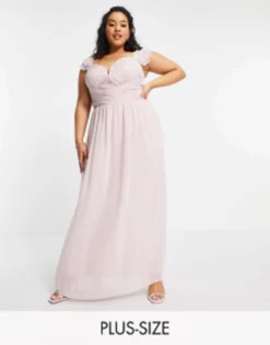 Little Mistress Plus Embellished Flutter Sleeve Twist Waist Maxi Dress In Blush