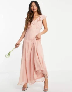 RIVER ISLAND || PULL & BEAR || ONLY Sales Store 21 Vila Bridesmaid Maxi Dress With Frill Detail In Pink